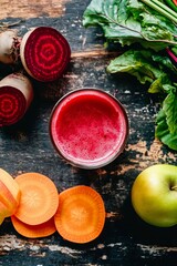 Top view of vitamin ABC juice in glass with straw, surrounded by beetroot, apple, carrot and greens on dark wood surface.