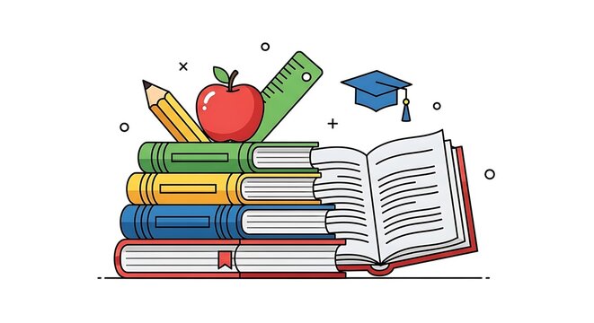 Stack of colorful books with an open book, apple, pencil, ruler, and graduation cap, symbolizing education