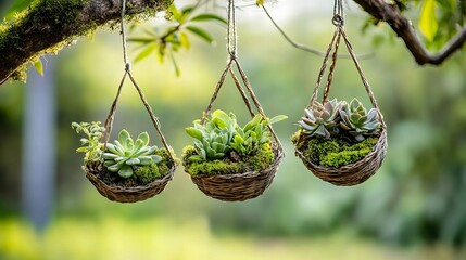 basket with succulents and moss hanging outdoors, backlit by warm sunlight against lush green garden background.