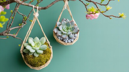 hanging succulents in woven pots suspended from a branch, with mossy ground and soft diffused light creating natural ambiance