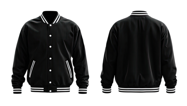 Black bomber jacket, front and back views
