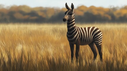 Zebra in golden field, serene landscape, wildlife photography, nature, possible use for wallpaper or desktop background