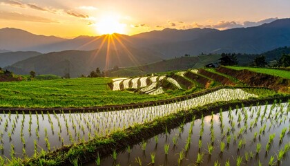 Fototapeta premium Sunlit green rice terraces in Bali, Asia, offer a spectacular mountain landscape view of terraced nature and agriculture