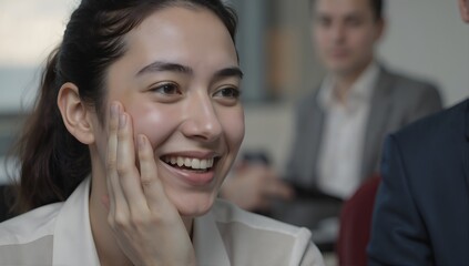 Happy Young Asian Business Woman Touching Face