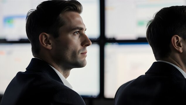 Side profile of focused businessman working late night - Powered by Adobe