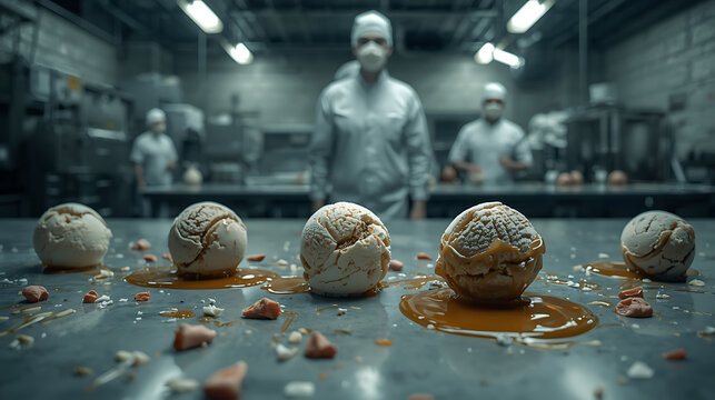 A realistic conceptual image showing the decline of food quality in the industrial era. Melting ice creams with faded colors and artificial ingredients spread across a cold factory counter. 