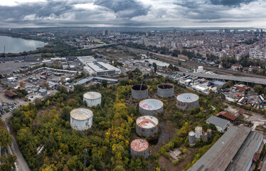 Aerial view to fuel tanks in industrial area near to harbor of Burgas, Bulgaria