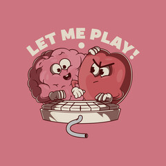 Brain and Heart Characters Playing with a Keyboard vector illustration. Mascot, life design concept.