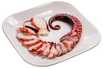 Octopus's arms with Octopus suckers in white plate isolated on white background, Octopus's arms on white, , High resolution photography PNG file.