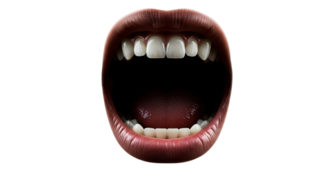 Isolated human mouth wide open, showing teeth, tongue, and gums for dental health use