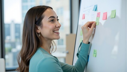 Young businesswoman explaining project roadmap on whiteboard