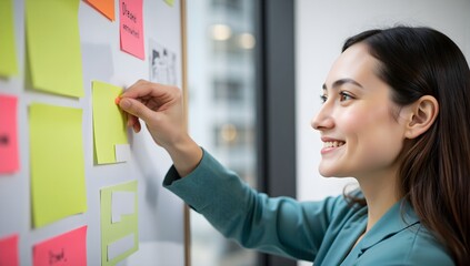 Cheerful businesswoman organizing agile sprint task board