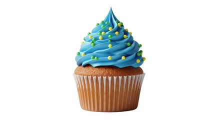 Isolated cupcake with blue frosting swirls, topped with green and yellow candy sprinkles