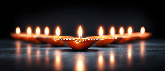 Row of lit clay oil lamps with glowing flames creates warm, festive atmosphere on dark reflective surface, symbolizing celebration and tradition
