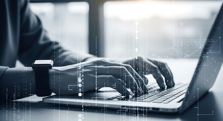 Hands Typing on Laptop with Futuristic Data Overlay and Smartwatch.
