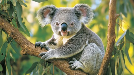 Koala perched on eucalyptus branch, Australian forest background, wildlife tourism
