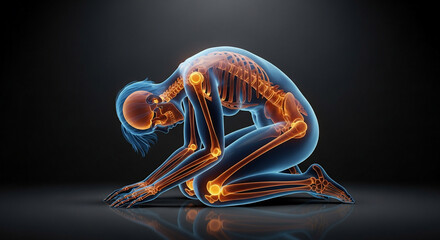 Human skeleton glowing inside body in kneeling pose