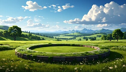 Scenic landscape with green hills, blue sky and clouds, perfect for background