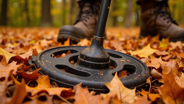 Metal detector searching coins in autumn forest
