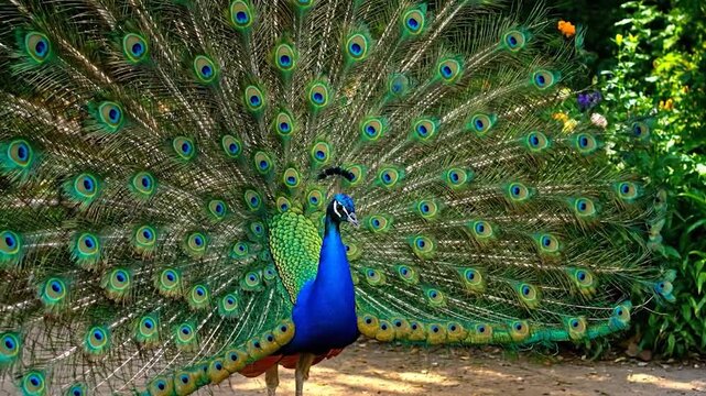 Vibrant peacock male bird displaying colorful fanned tail feathers outdoors nature