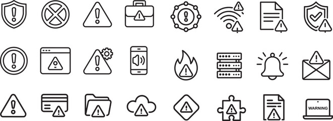 Warning line icon set. Contains icons related to Alert, caution, danger, error, and more. Linear icon collection. Editable stroke, Vector illustration