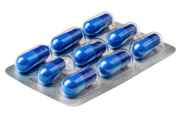 Pharmaceutical blue capsules in a blister pack for medical and health concepts
