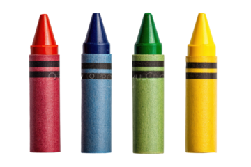 Four vibrant red, blue, green, and yellow crayons standing upright, ready for coloring.