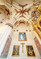 Interior ceiling and Gothic architecture details inside Burgos Cathedral, UNESCO site in Spain.