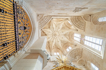 Interior ceiling and Gothic architecture details inside Burgos Cathedral, UNESCO site in Spain.