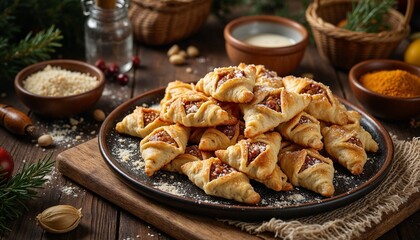 Traditional Purim pastries laid out on a wooden table with spices and ingredients.