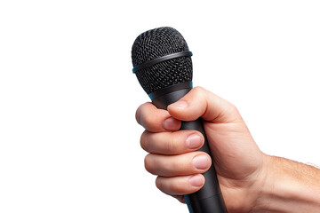Hand holding a black microphone