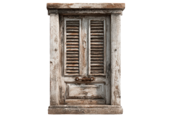 Rustic weathered wooden door with louvered panels and peeling paint texture