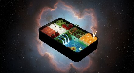 Colorful Sushi Bento Box Floating in Space with Cosmic Background