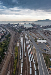 Aerial view of fuel tanks of a train composition towards the harbor of Burgas, Bulgaria
