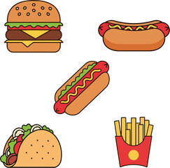 Street Food Icon Set – Burger, Hotdog, Taco, and French Fries Vector Illustration in Flat Minimal Style, Fast Food Icons for Restaurant Menu, Food Delivery App, and Modern Branding Design