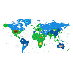 Obraz premium World Map with Icons Representing Different Continents and Countries.