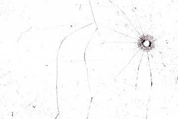 bullet marks on glass on a white background, cracks and holes from shots on broken glass, for texture overlay