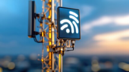 Modern wireless communication tower with glowing Wi-Fi symbol against a backdrop of blue sky and clouds