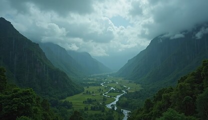 Obraz premium Serpentine River Flows Through a Lush Green Valley Under Dramatic Clouds winding