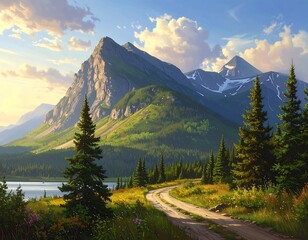 Scenic landscape with majestic mountains, road, trees, and a serene lake in a beautiful setting