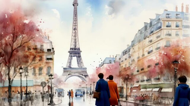 Watercolor style video scene of Paris street with Eiffel Tower. Captured from a street-level angle, showcasing autumn hues and bustling city life. Live desktop wallpaper.