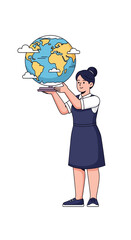 Fototapeta premium Young Woman Holding Planet Earth with Clouds.