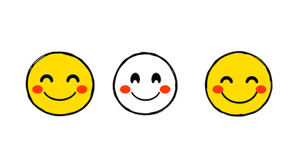 Three cartoon smiley faces, two yellow and one white, all with rosy cheeks and happy expressions, lined up on a white background.