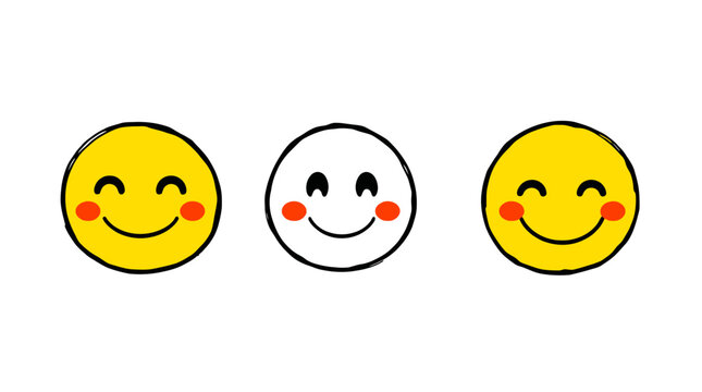 Three cartoon smiley faces, two yellow and one white, all with rosy cheeks and happy expressions, lined up on a white background.