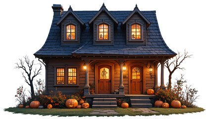Charming halloween cottage with pumpkins isolated on white background