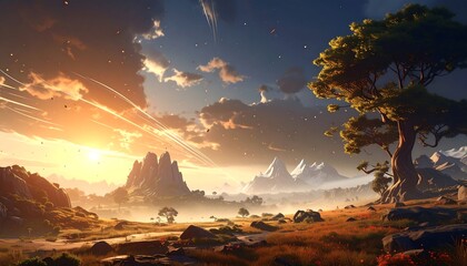 Scenic landscape with mountains, sunset, tree, and open field, nature concept