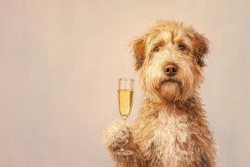 Cute dog holding a glass of champagne in a celebratory pose against a soft pastel background during a festive occasion