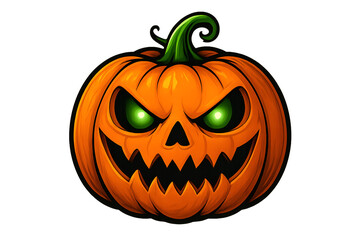 Scary halloween pumpkin jack o lantern with glowing green eyes isolated on white background
