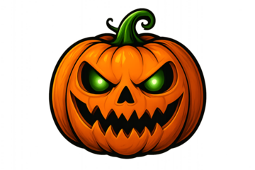 Scary halloween pumpkin jack o lantern with glowing green eyes isolated on white background