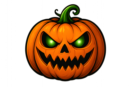 Scary halloween pumpkin jack o lantern with glowing green eyes isolated on white background